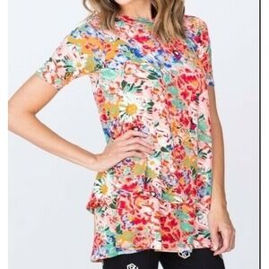 Agnes & Dora Floral Tiered Tunic 2XS Pink Boho Cottagecore Summer Top NWT